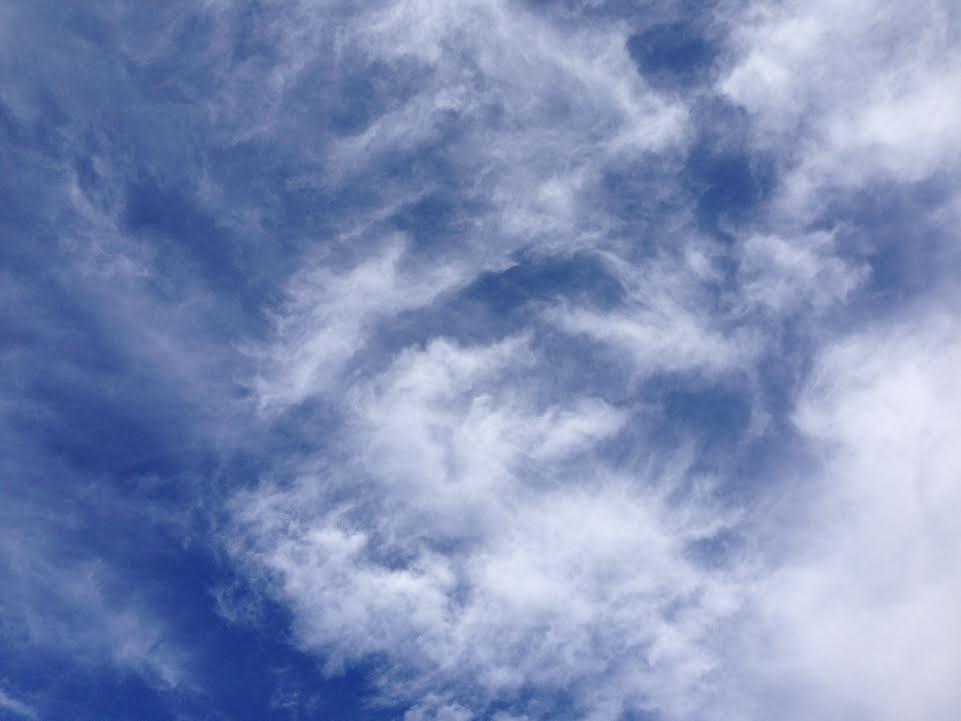blue sky, wispy clouds